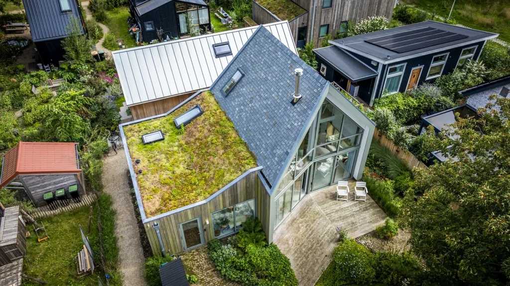 Luchtfoto van het tinyhouse in Deventer met sedumdak en moderne vormgeving te midden van een groene woonomgeving.