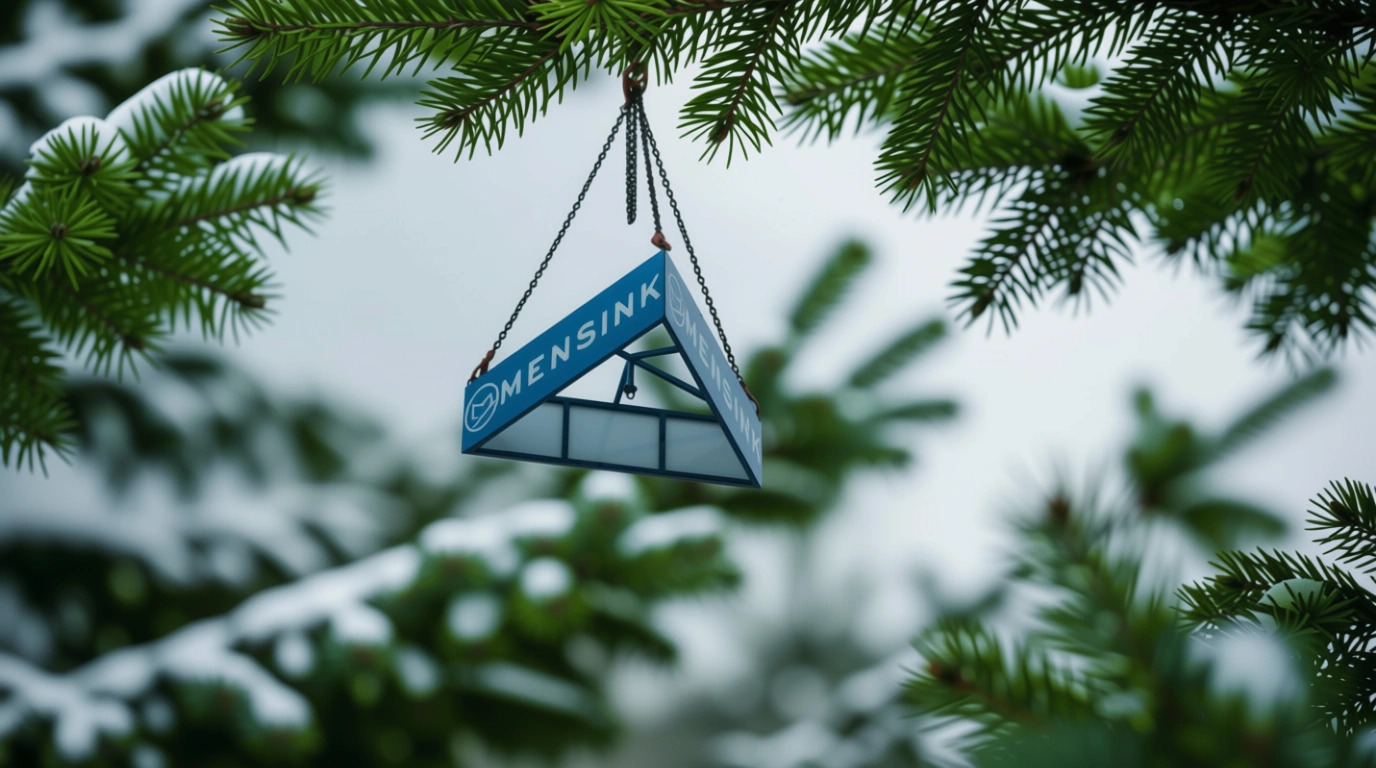 Het logo van Mensink omringd door dennentakken.